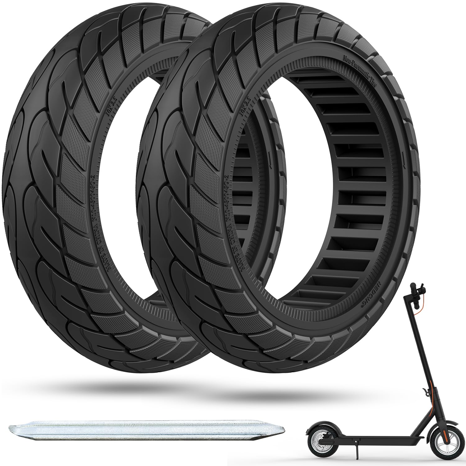 OUXI 2 Pack 10 x 2.5 Solid Tyre,10 inches 60/70-6.5 Solid Tyre Puncture Proof Electric Scooter Tyres Replacement Wheel for Ninebot Max G30P G30LP Scooter Front/Rear Rubber Tires 2pc Black