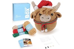 CrochetBox Christmas Crochet Kit for Beginners - Highland Cow Starters Crochet Kit, Beginners Crocheting Kitting for Adults Kids, Gifts with Crochets Yarns, Hook, Step-by-Step Video, Instruction