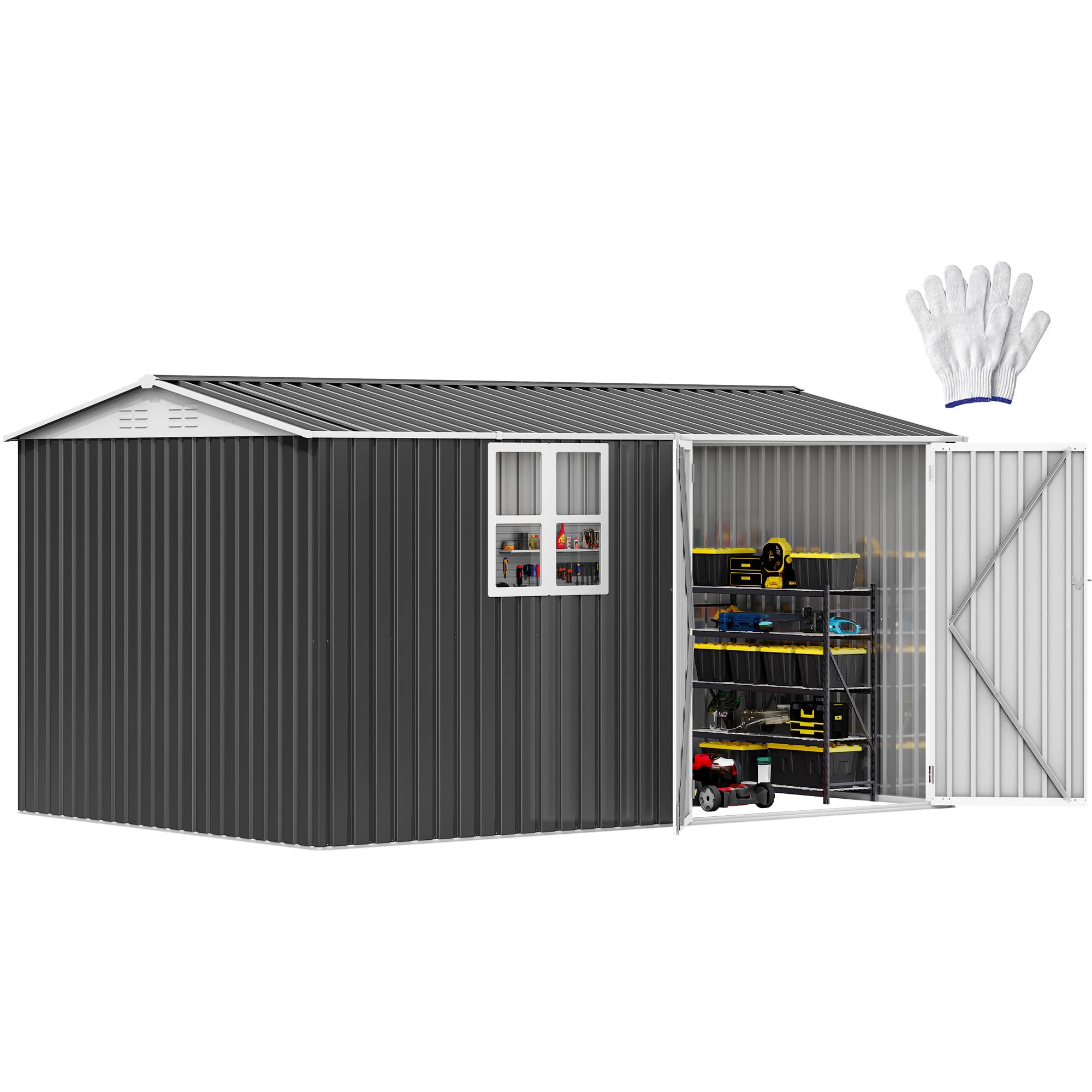 Photo 1 of ***HAS SCRATCHES**USED***MINOR DAMAGE***FINAL SALE***DWVO 12x8ft Metal Outdoor Storage Shed with Window, Lockable Tool Storage Sheds, Oversized Steel Garden Sheds with Sloped Roof for Backyard, Patio, Garage, Lawn, Gray & White