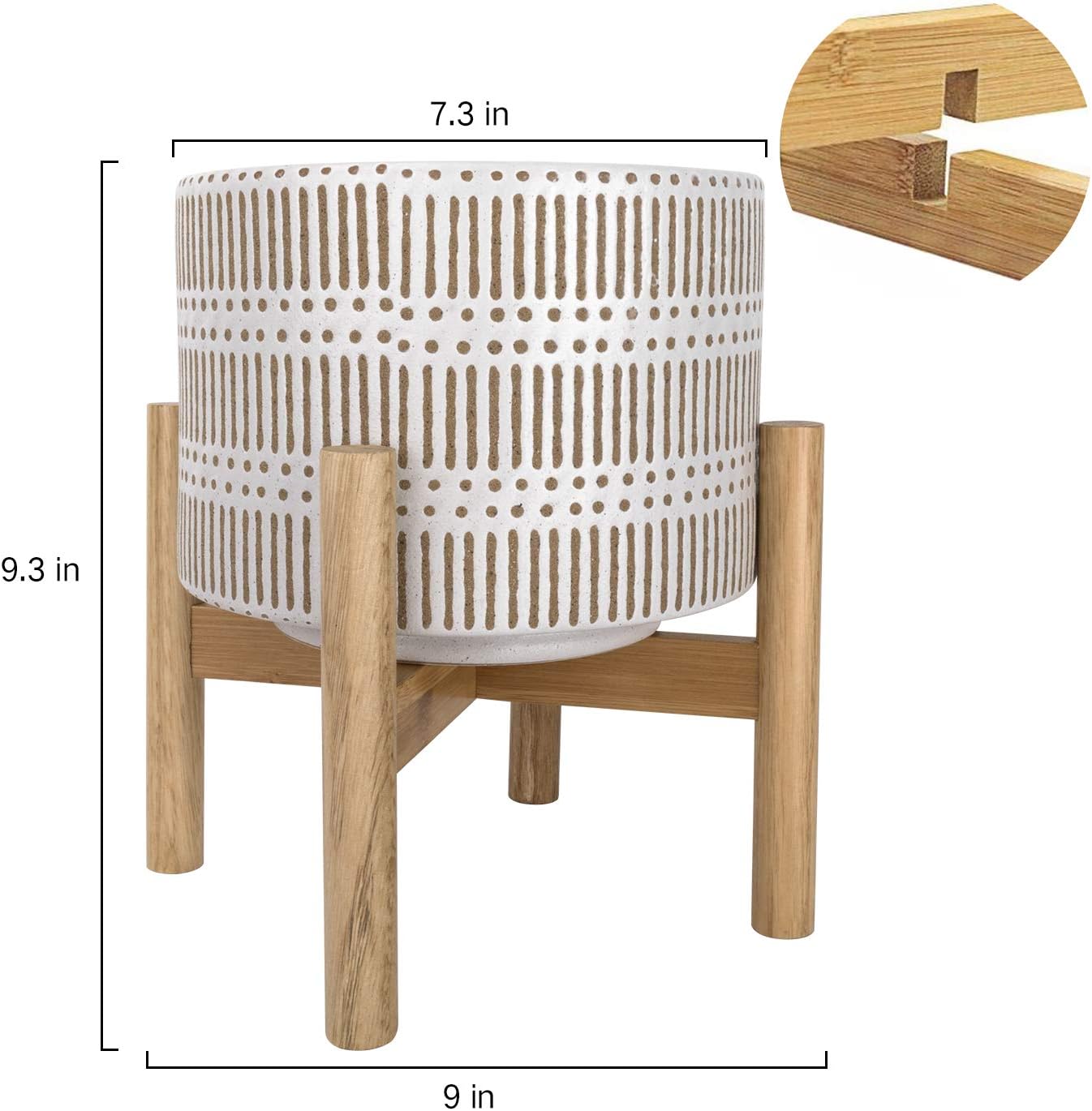 Ceramic Plant Pot with Wood Stand - 7.3 Inch Modern Round Decorative Flower Pot Indoor with Wood Planter Holder, Beige and White : Garden & Outdoor