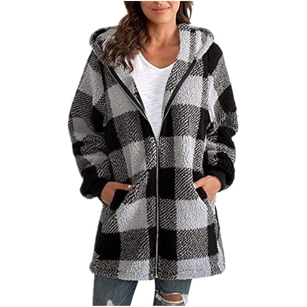 Women's Plaid Winter Jacket Oversized Fuzzy Shacket - Zip Up Fleece Coat With Pockets, Plush Outerwear