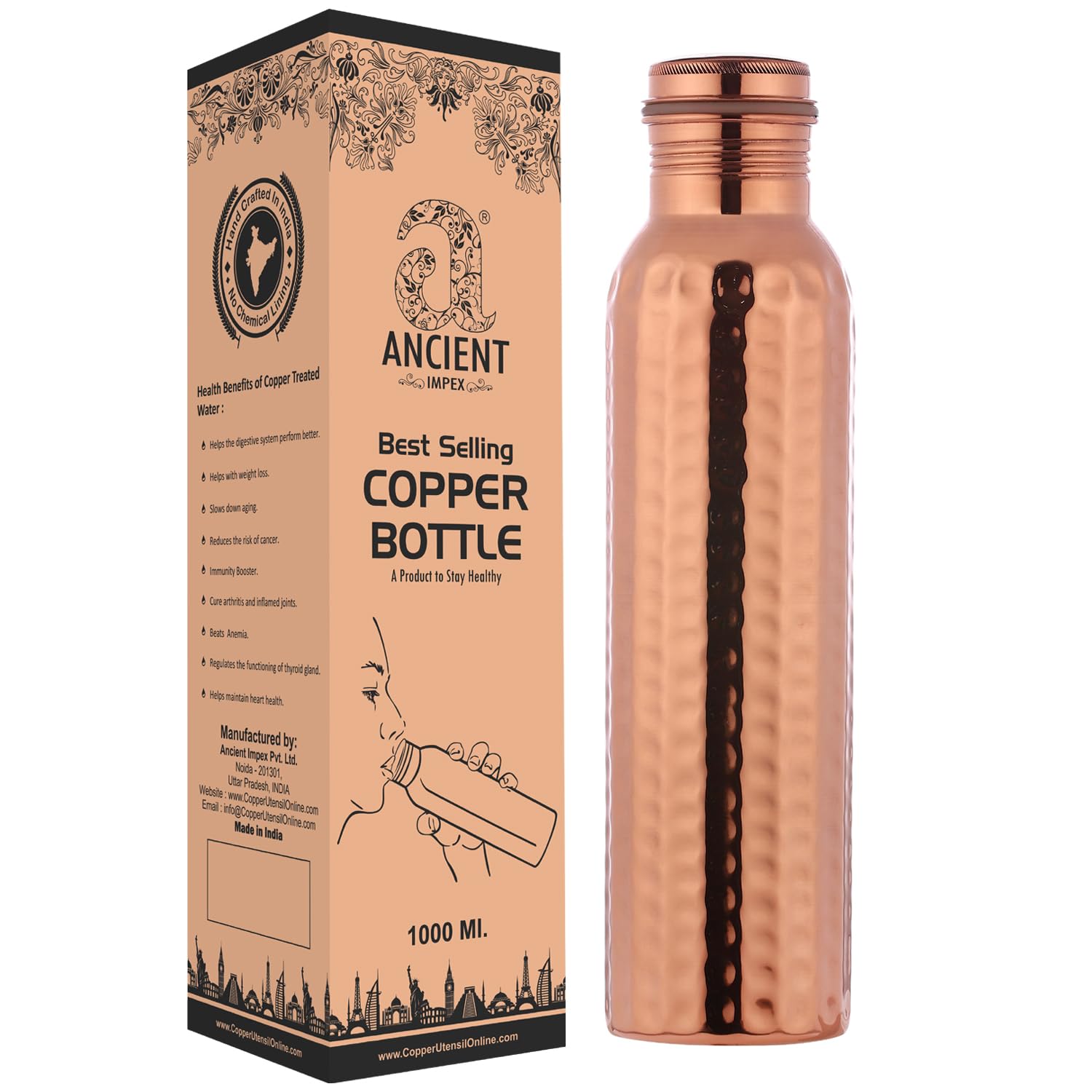 ANCIENTIMPEX Pure Copper Hammered Water Bottle 1000ml | Leak-Proof Seamless Copper Bottle for Ayurvedic Health Benefits, Detox & Daily Hydration | Eco-Friendly BPA-Free Drinking Bottle