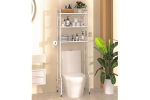 DTUQYX Over The Toilet Storage,3-Tier Over Toilet Organizer Rack with Paper Holder & 2 Hooks & Universal Wheel,Freestanding Over The Toilet Rack for Restroom,Laundry,White