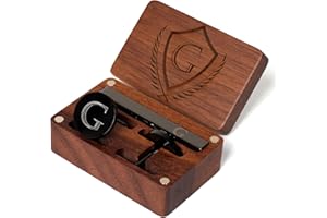 PROPHET CLUE PC Mens Initial Cufflinks and Tie Clip A-Z Alphabet Letter Black Stainless Cuff Links Tie Bar with Engraved Walnut Wood Box Groom Groomsman Wedding Set