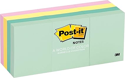 Post-it Mininotas, 3, 8 x 5 cm, 12 blocos, notas adesivas favoritas número 1 dos EUA, coleção Marselha, cores pastel (rosa, menta, amarelo), reciclável (653-AST)