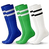 Haloumoning 3 Pairs Boys Soccer Athletic Socks Kids Striped Football Knee High Uniform Sports Tube Socks 4-15 Years