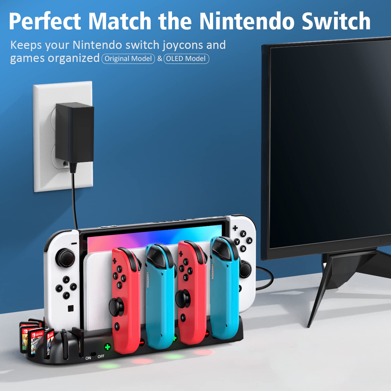 Switch Joycon Charging Dock Station Compatible with Nintendo Switch Accessories & OLED Model Joycons, KDD Joycon Controller Charger Docking Station with Upgraded 8 Game Storages, Gming Accessories