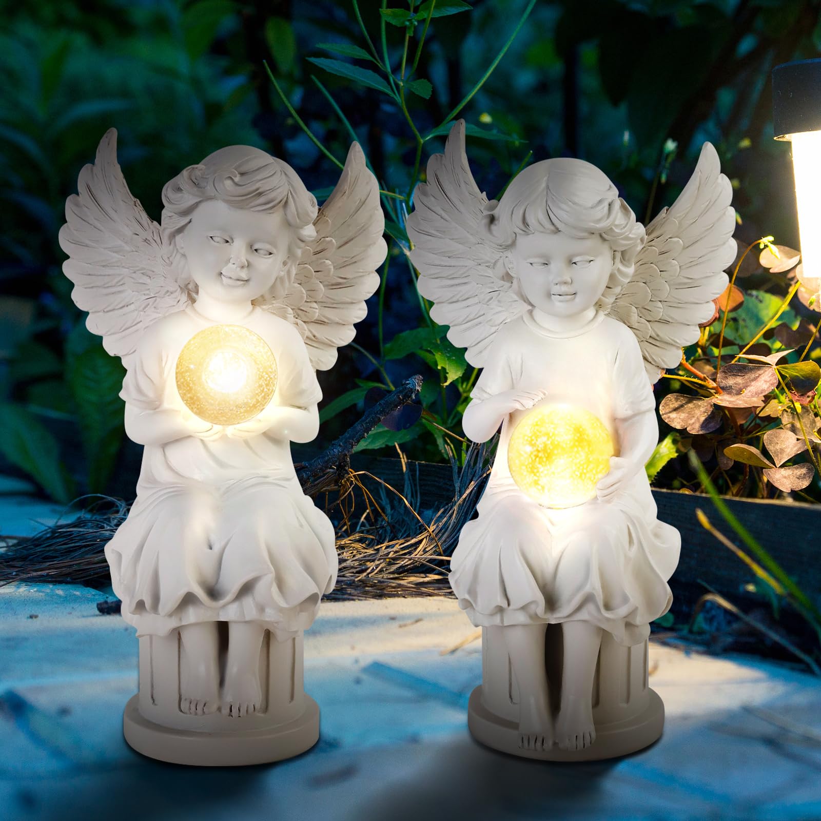 Photo 1 of 2 Pack Angel Garden Statue Decor with Solar Light, Outdoor Cherub Sculpture with Wing & Glass Ball for Patio Yard Art Porch Home Lawn Cemetery, Birthday or Christmas Figurine Gifts for Mom Grandma