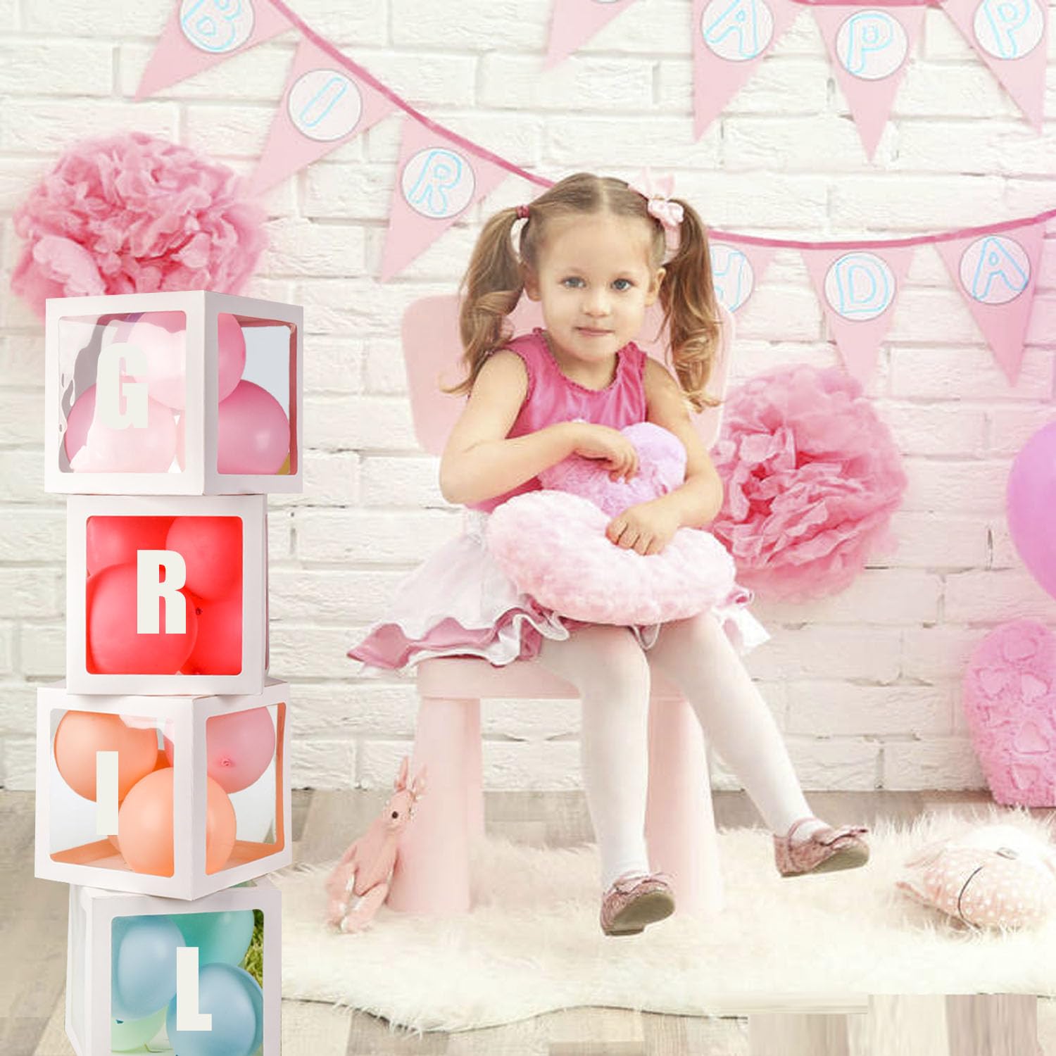 Baby Boxes with 30 PCS Letters, 4 Transparent Balloon boxes for Gender Reveal Birthday Wedding Baby Shower Decorations