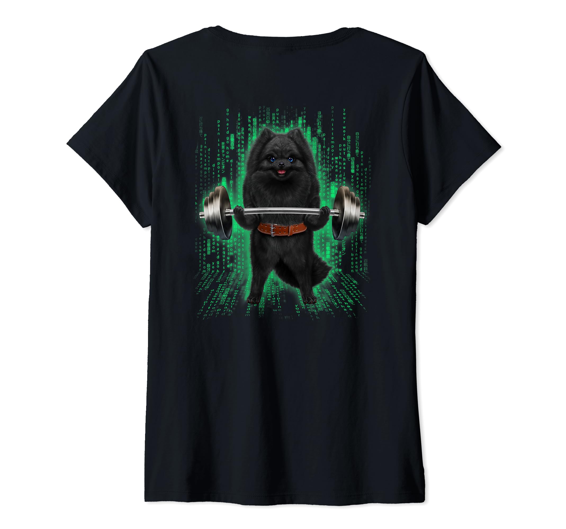Womens Black Pomeranian Dog Weightlifting in Cyber Fitness Gym V-Neck T-Shirt