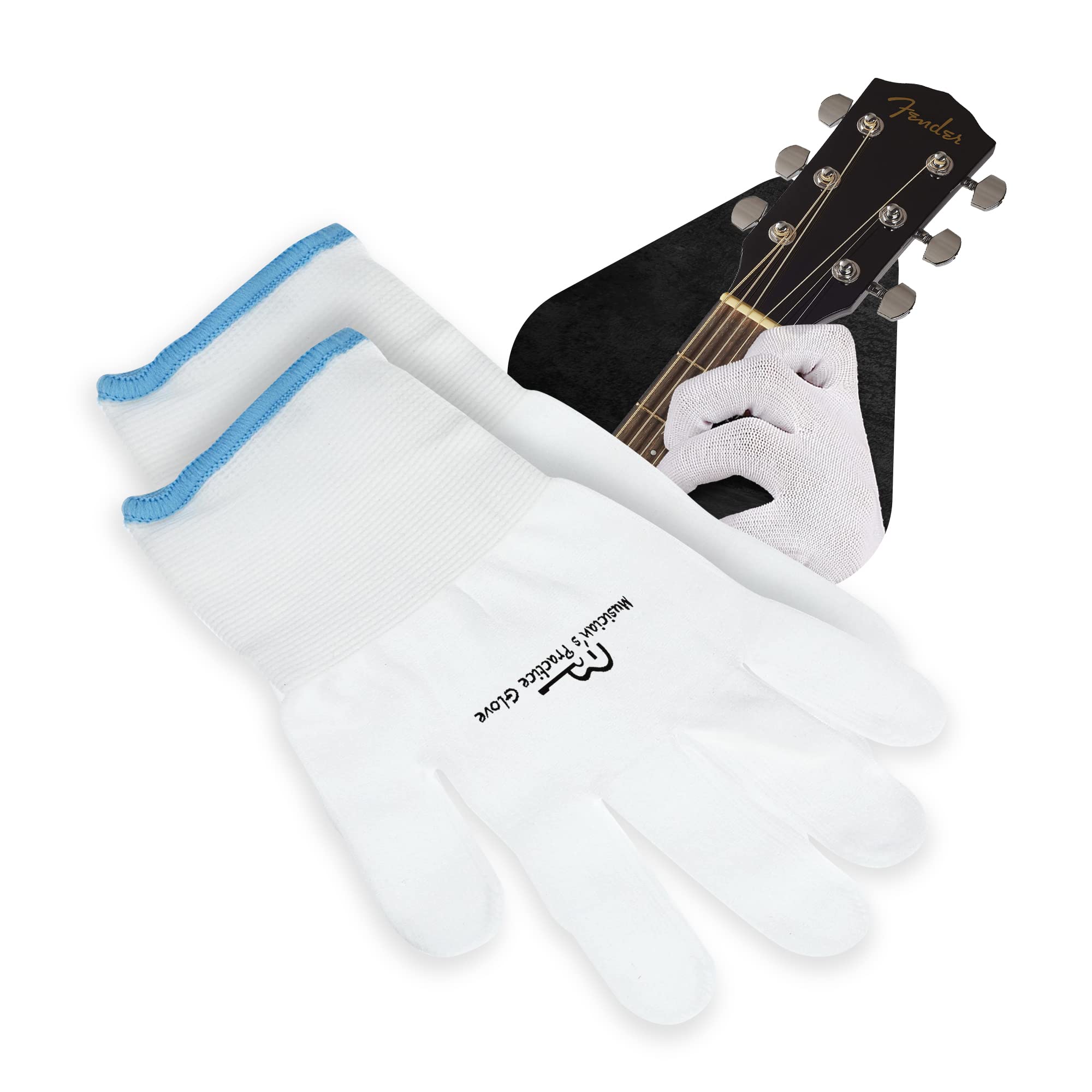 Musician's Practice Glove - 2-Pack Guitar Gloves for Women and Men, Fingertip Protectors for Playing String Instruments, Hand Issues and More, Nylon Thin Gloves for Indoor/Outdoor Gigs, Large, White