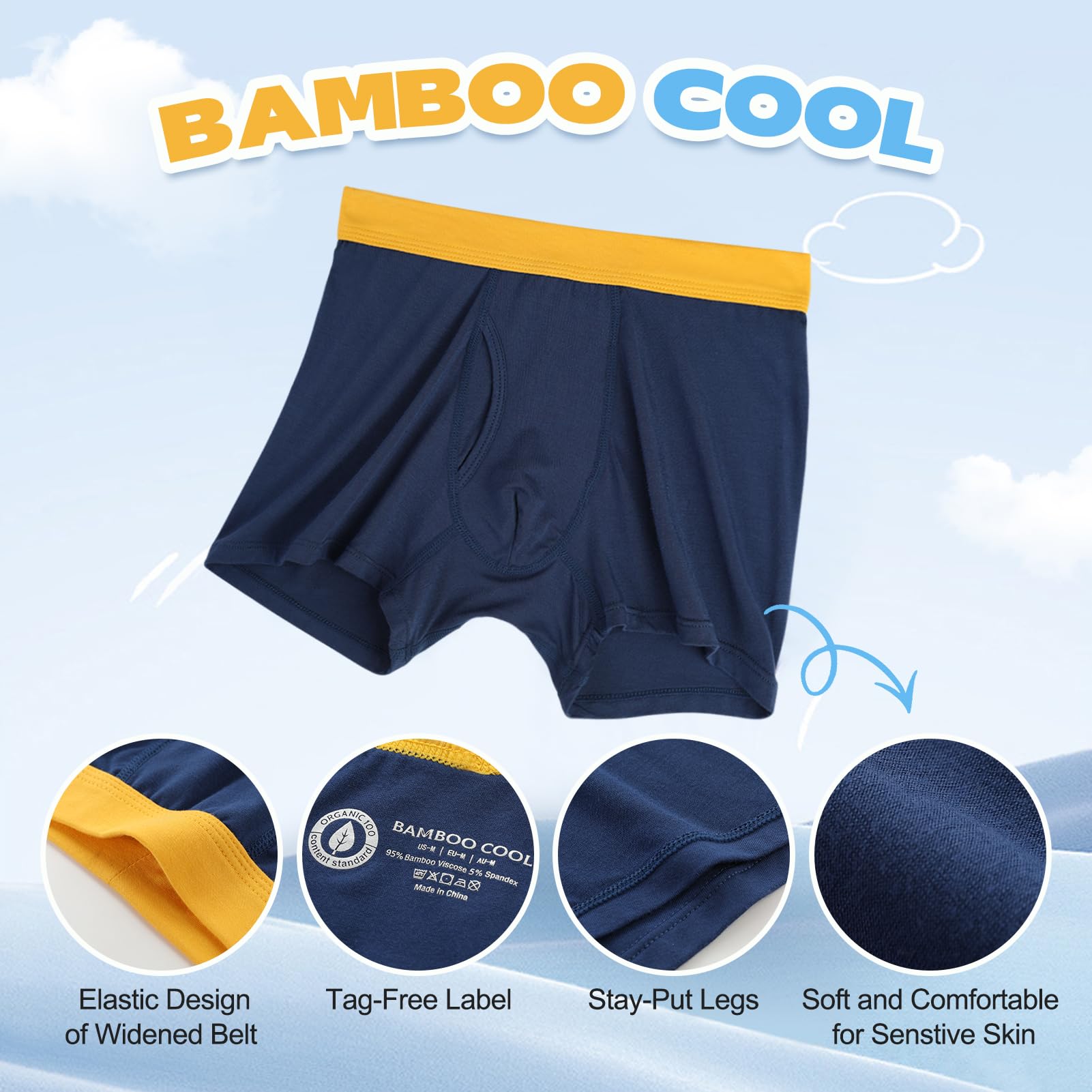 BAMBOO COOL Boys' Boxer Briefs 6-18Y Underwear Moisture-Wicking Lightweight and Ultra Soft 6-Pack