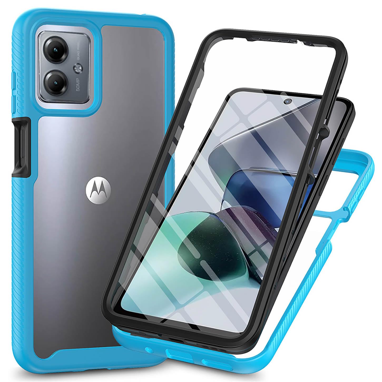 ILING Trasparente Case for Motorola Moto G14, 360° Full Body Protection Cover with Built-in Screen Protector, Shockproof Hard PC + Silicone TPU Bumper Case Cover (Light Blue)