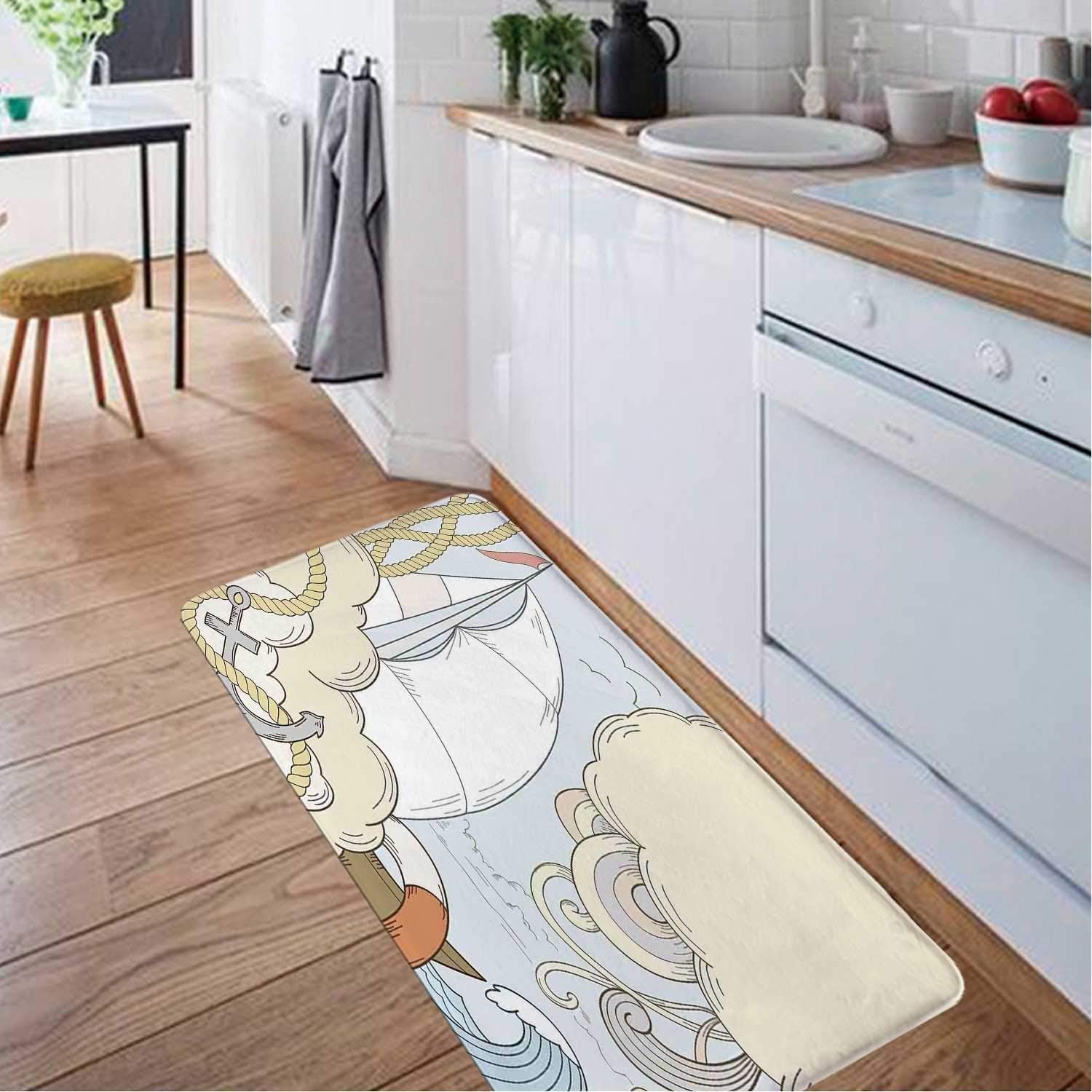Retro Sailor with Boat and Sea Elements Gulls Exotic Adventure Cruising Theme,Rug White Rug,OKJEFF 191306 Blue Cream,Living Room Chair,3.2 x 5.2 ft