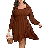 SCOMCHIC Women Plus Size Fall Dresses Long Sleeve Square Neck Ruffle Hem Flowy A-Line Cocktail Wedding Guest Mini Short Dress