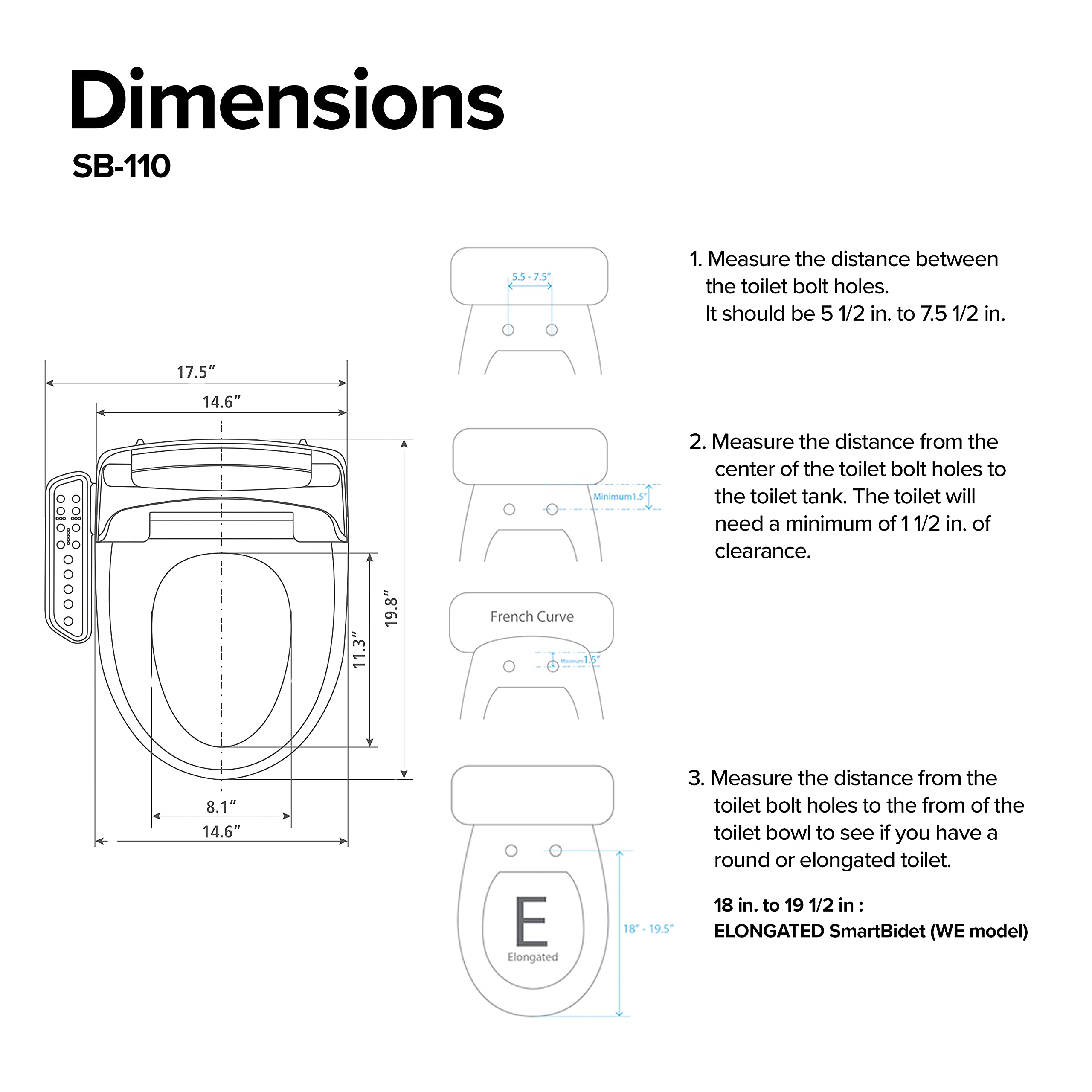 SmartBidet® SB-110 Electric Smart Bidet™ Seat for Elongated Toilets with Control Panel, Stainless Steel Nozzle with Removable Nozzle Cap, Child Wash Function, Slim and Strong Design