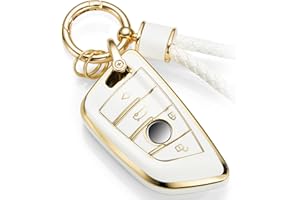 CTRINEWS for BMW Key Fob Cover with Metal Braided Rope Keychain for BMW Accessories, Upgraded Blade Shape Soft Key Case for New BMW Smart Key (Gold Edge)