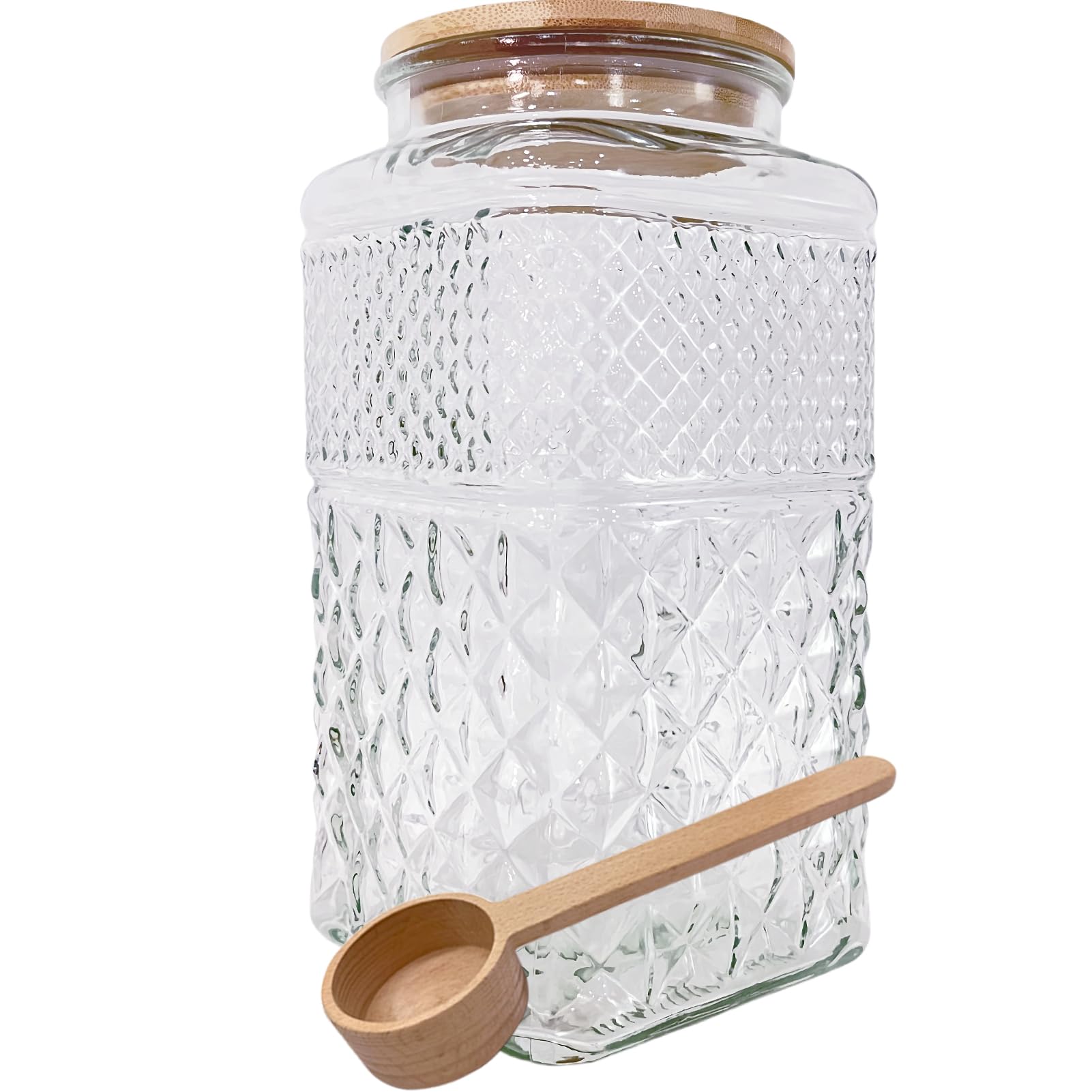 Photo 1 of Viovian 1 Gallon Glass Jar with Lid Spoon 120 OZ Square Wide Mouth Glass Storage Jars Airtight Large Vintage Canister Container for Candy Cookie Sugar Coffee Tea Nuts Flour Dog Treat Laundry Pods
