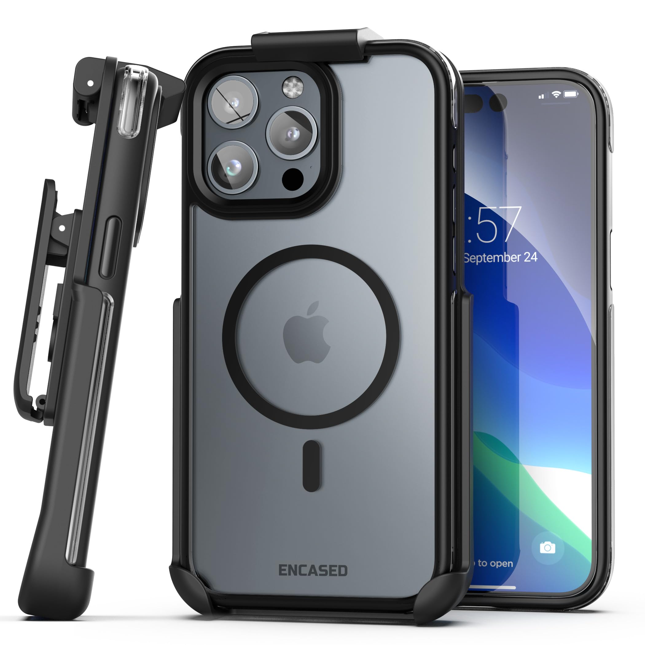 Encased MAG Case Designed for iPhone 15 Pro Belt Case with Holster Clip (Compatible with MagSafe) Black/Clear