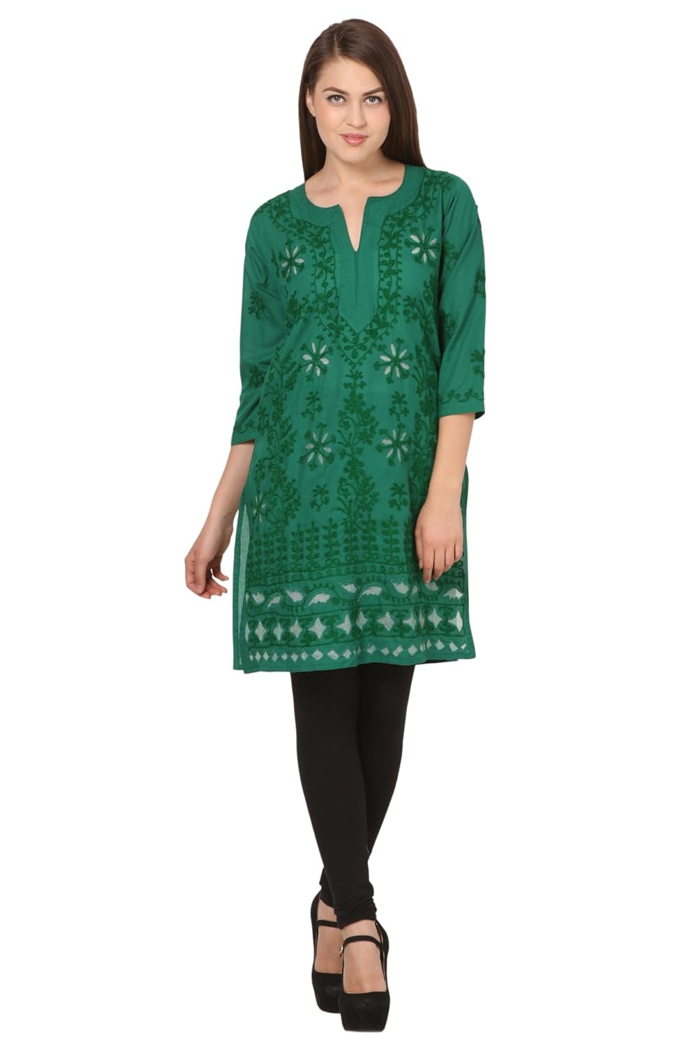saadgi women's cotton handcrafted network and aari embroidered lucknowi chikan kurta