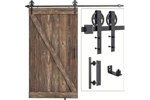 SMARTSTANDARD 8FT Heavy Duty Sliding Barn Door Hardware Kit,Black, (Whole Set Includes 1x Pull Handle Set & 1x Floor Guide) Fit 48" Wide Door Panel (Big Industrial Wheel Hangers)