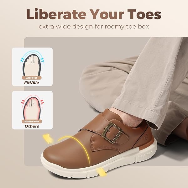 FITVILLE WIDE WALKING SHOES FOR MEN DIABETIC SWOLLEN FEET WIDE COMFORTABLE CASUAL DRESS SHOES FOR MEN WITH ADJUSTABLE STRAP BROWN
