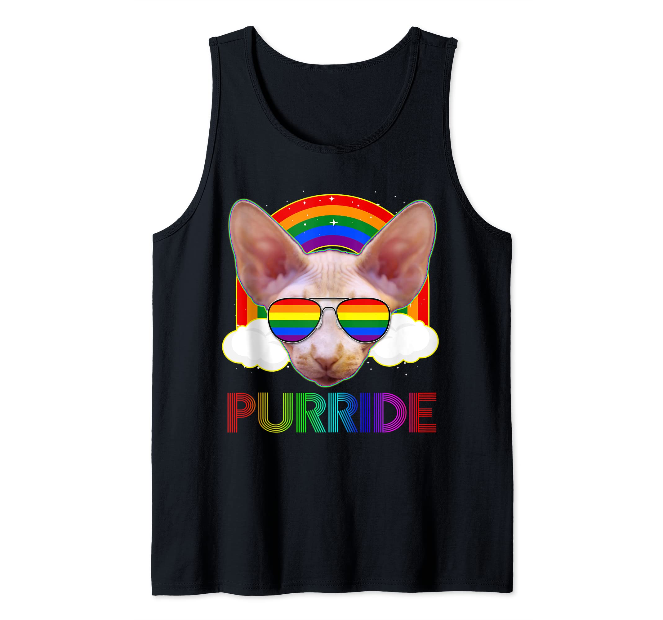 Purride Sphynx Cat Gay Pride LGBT Rainbow Flag Sunglasses Tank Top