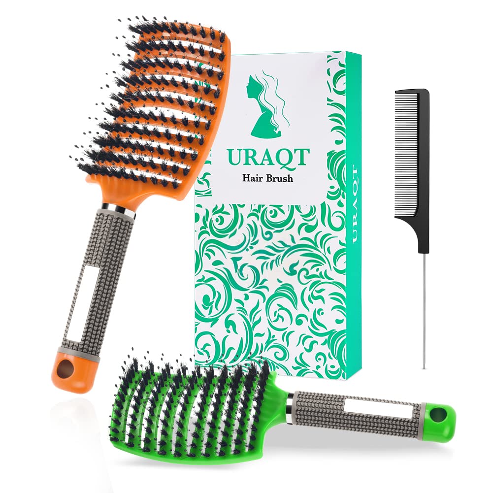URAQT Hair Brush, 2 Pcs Boar Bristle Paddle Hairbrush with Tail Comb, Soft Massage Vent Brush for Men Women, Detangle Hair Brush for Long Thick Curly Hair, Reducing Hair Breakage (Orange & Green)