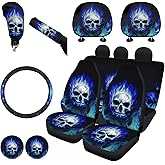 FKELYI Cool Skull Car Seat Covers Set Blue Fire Car Interior Seat Protector,Absorbent Cup Holder Pads,Steering Wheel Cover,Gear Shift Cover,Handbrake Cover,Headrest Covers
