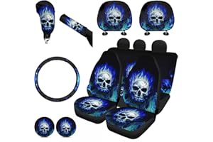 FKELYI Cool Fire Skull Design Blue Seat Covers Set Car Interior Seat Protector,Absorbent Cup Holder Pads,Steering Wheel Cover,Gear Shift Cover,Handbrake Cover,Headrest Covers