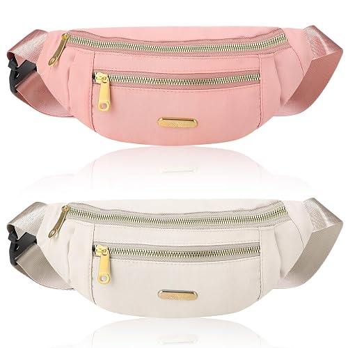 ViEinkaufen 2 Pack Bum Bag, Bumbags for Ladies, Pink White Waterproof 2 Zip Pockets Fanny Pack, Fashion Buckle Design Adjustable Bumbag for Sport Outdoors Walking Running Travel