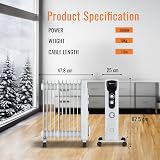 PureMate 2500W Oil Filled Radiator 11 Fin Tall Electric Heater 3 Heat Settings view 4