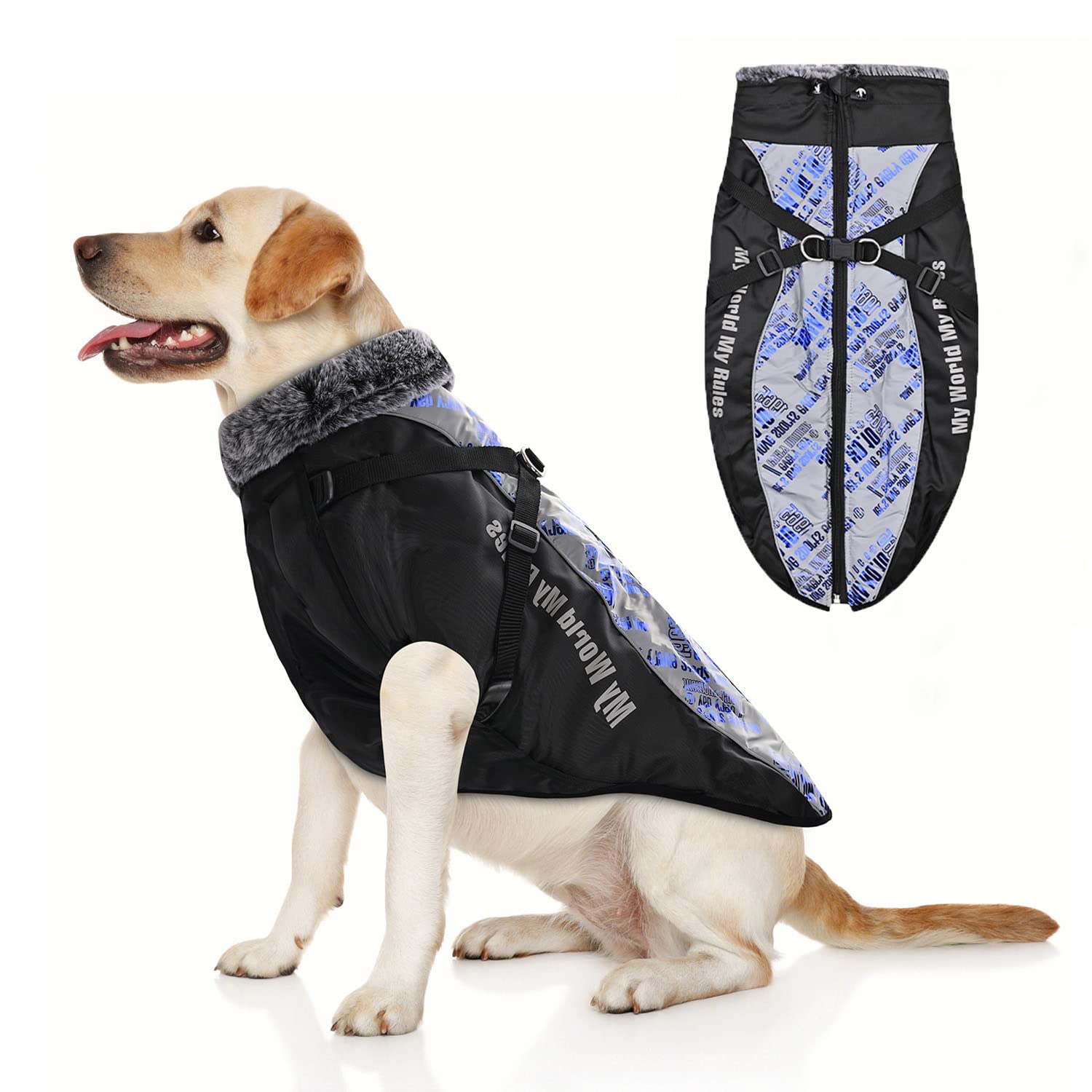 YUDISEN Dog Winter Coat Jacket, Dog Waterproof Warm Vest With Fluffy Turtleneck, Reflective Safety Stripe Clothes Windproof for Medium Large Dogs (Light Blue, 3XL)