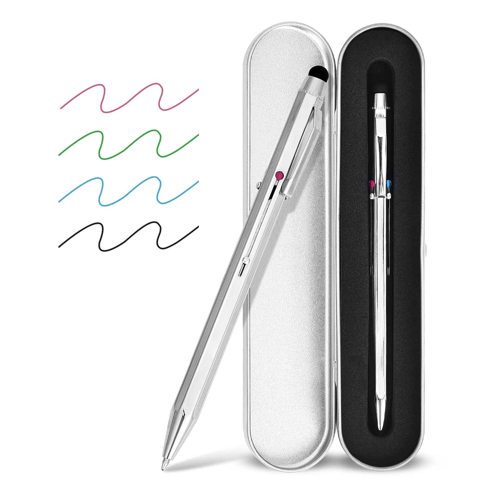 SMTTW 5-in-1 Stylus Pen&Multicolor Retractable Pen in One-Tablet Pen-Multifunction Pen with Metal Gift Box-Black Blue Red Green Ballpoint Pen with Universal Stylus Pens for Touch Screens (Silver)