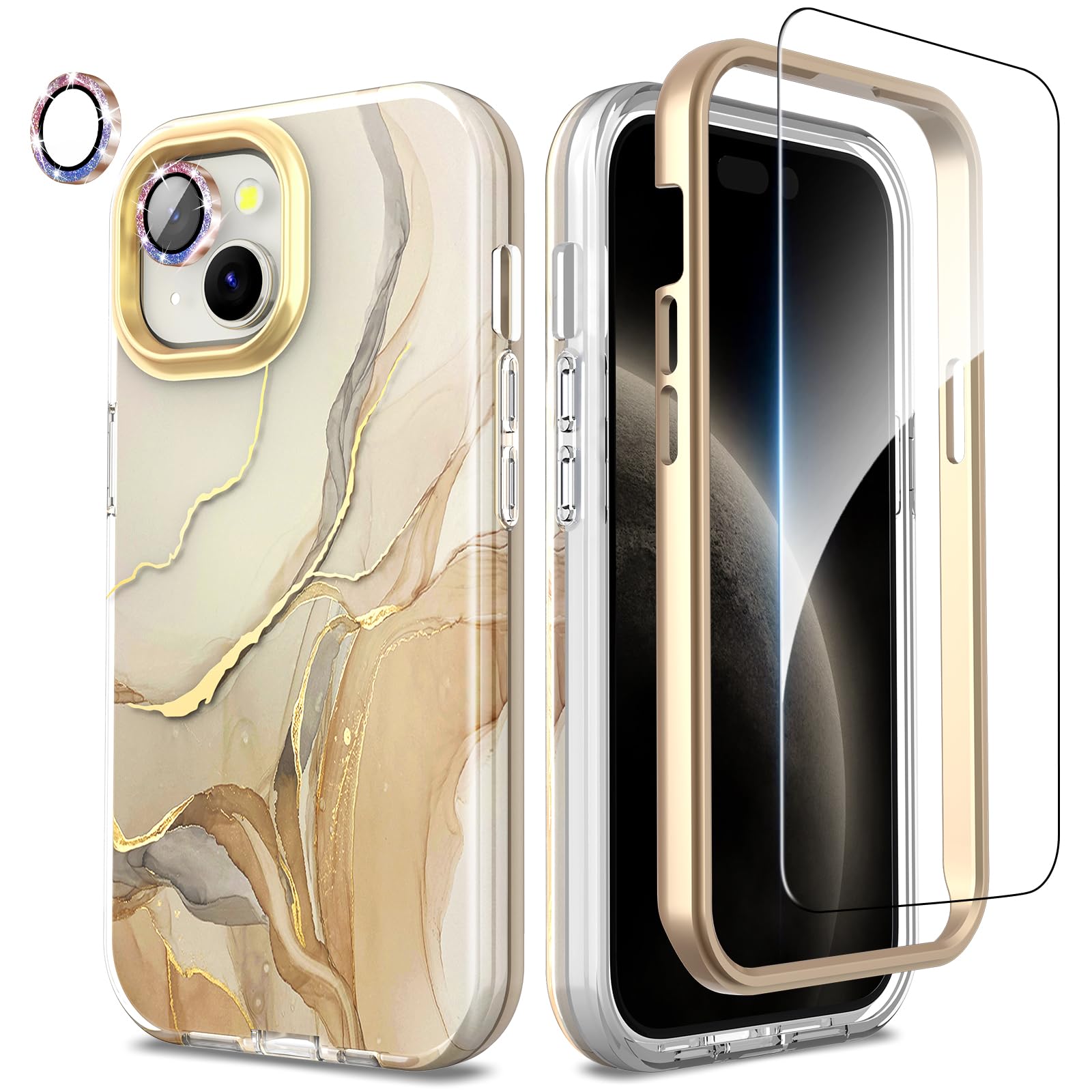 SHEDEER for iPhone 15 Case with Glitter Camera Protector + Screen Protector, Chic Anti-Yellowing Pattern, Shockproof Drop Protection Anti-Scratch Phone Cover iPhone 15 6.1'', Beige