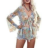 Floerns Women's V Neck Floral Print Sheer Mesh Bell Sleeve Ruffle Peplum Blouse Top