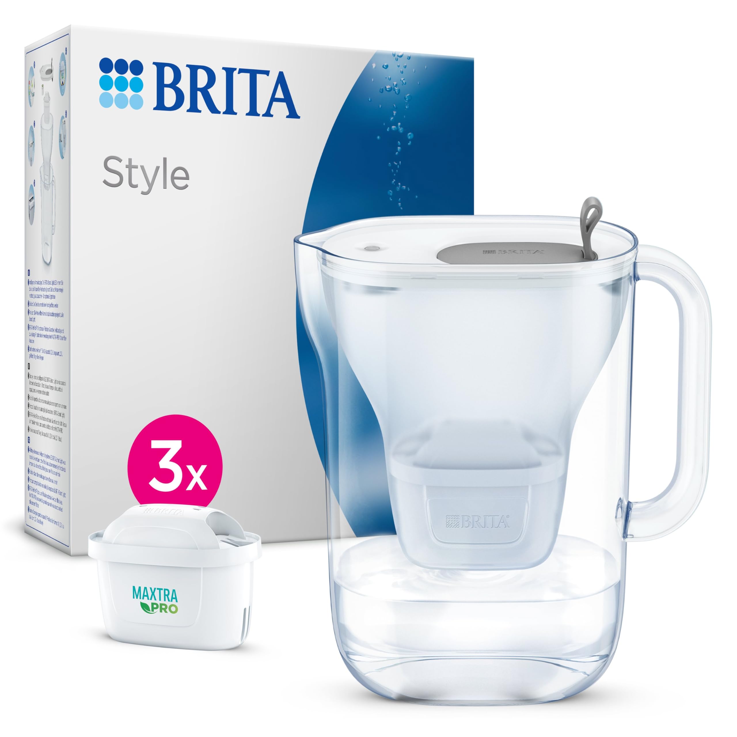 BRITA Style Water Filter Jug Grey (2.4L) Starter Pack incl. 3x MAXTRA PRO Pure Performance cartridge - fridge-fitting design jug with smart LED-LTI and Flip-Lid -now in sustainable Smart Box packaging