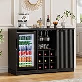 Aauro Home 47" Fluted Coffee Bar Cabinet with Fridge (92L Fridge Included) | Wine Bar Cabinet with Wine Rack and Glass Holder, Buffet Sideboard Table Liquor Cabinet with Storage Drawer, for Home, Black