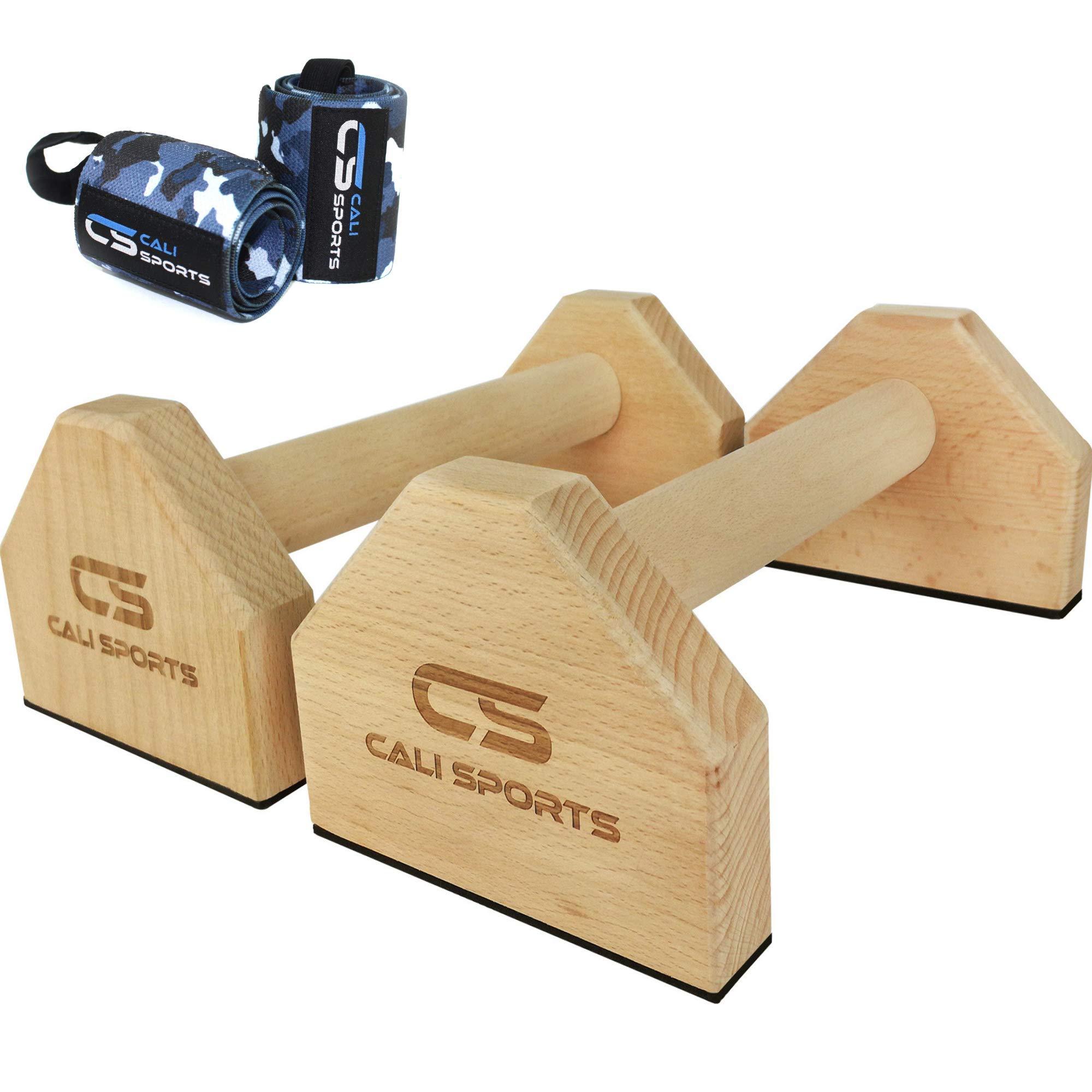 CALI SPORTS Calisthenics Wood Parallettes Bars | Push Up Bars That Will Not Slip or Wobble | Wrist Wraps Included (Small)