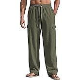 TAFLE Men's Linen Pants Casual Cargo Pants with Pockets Lightweight Elastic Waist Drawstring Pants Baggy Beach Pants