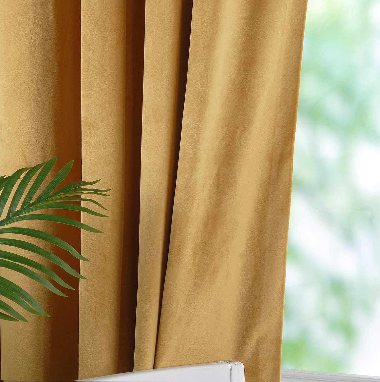 Singinglory Blackout Curtains Velvet Curtains Pencil Pleat 2 Panels with 2 Tiebacks Thermal Eyelet Curtain for Bedroom & Living Room Yellow 66"x72" - Image 4