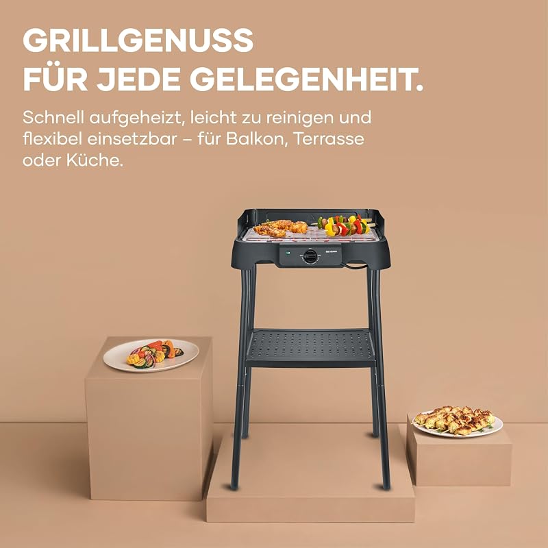 Elektrogrill mit Standfuß, einstellbare Temperatur 35-200 Grad Celsius, schnelles Aufheizen, 38x22cm, Tischgrill mit Auffangschale, Edelstahl-Grillrost, Balkongrill, 2000W, schwarz, PG 8594