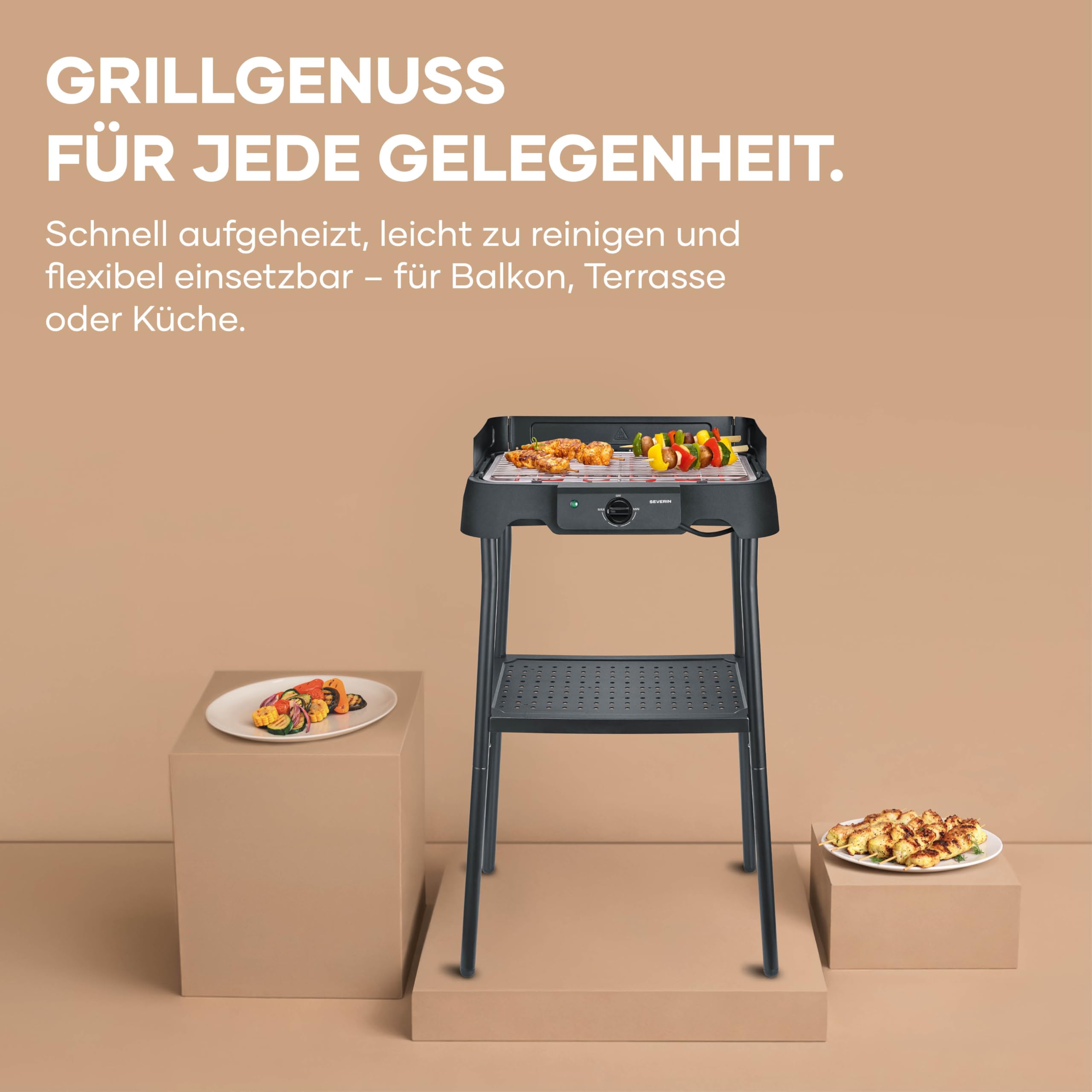 Elektrogrill mit Standfuß, einstellbare Temperatur 35-200 Grad Celsius, schnelles Aufheizen, 38x22cm, Tischgrill mit Auffangschale, Edelstahl-Grillrost, Balkongrill, 2000W, schwarz, PG 8594