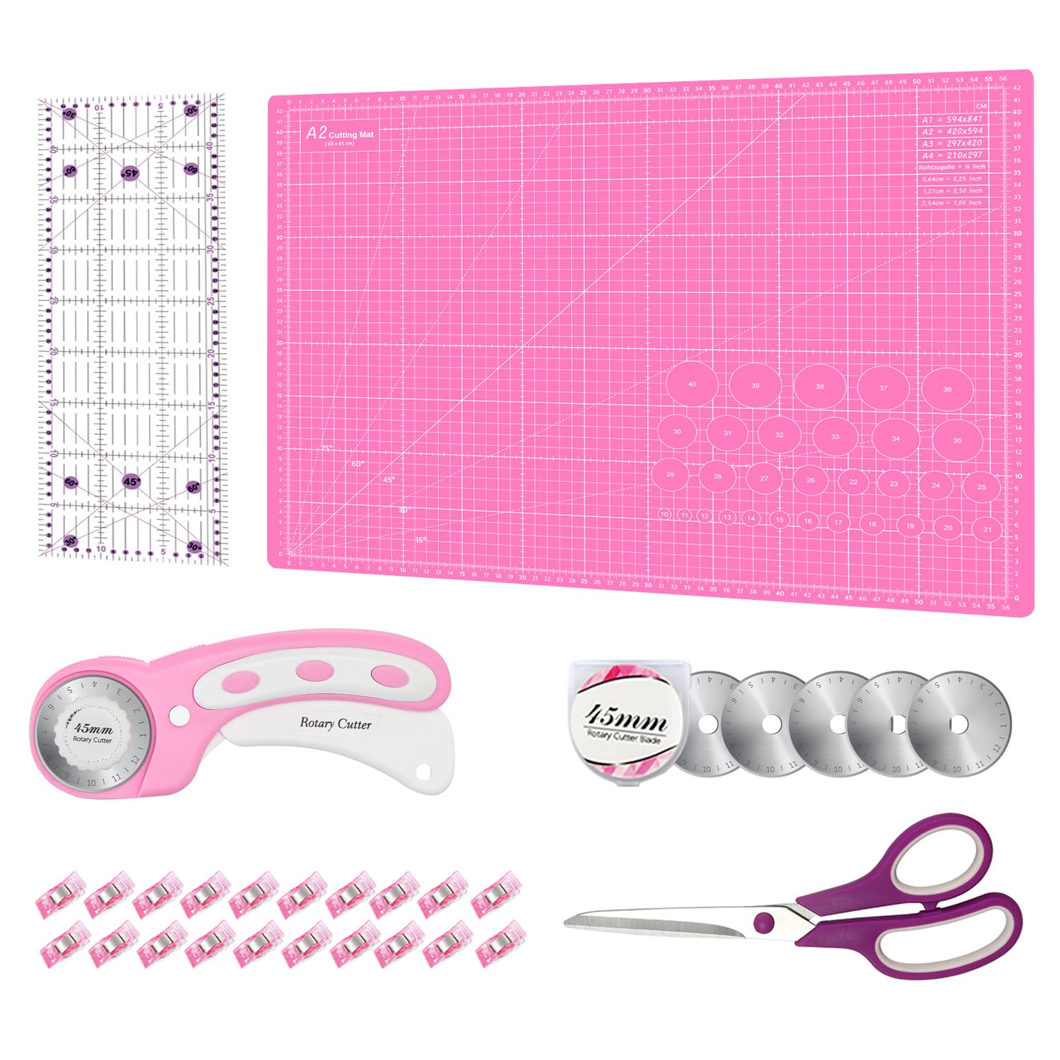 Rotary Cutter Set Pink - Quilting Kit incl. 45mm Fabric Cutter, 5 Extra Rotary Blades, A2 Self Healing Cutting Mat, Acrylic Ruler and Sewing Clips, Scissors, Ideal for Crafting, Sewing, Patchworking