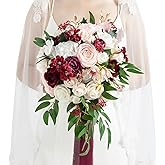 Ling's moment Burgundy Bridal Bouquet for Bride, 13 Inch Romantic Marsala Wedding Bouquets for Bride, Silk Round Artificial Wedding Flowers Bouquets