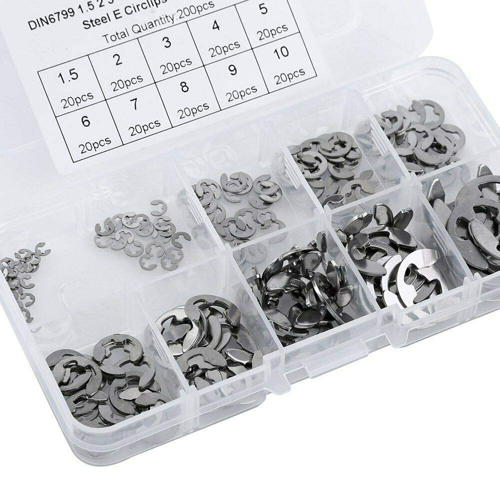 200Pcs 10 Size 304 Stainless Steel E-Clip Retaining Snap Opening Ring Circlip Kit 1.5/2 /3/4/5/6/7/8/9/10mm with Plastic Box