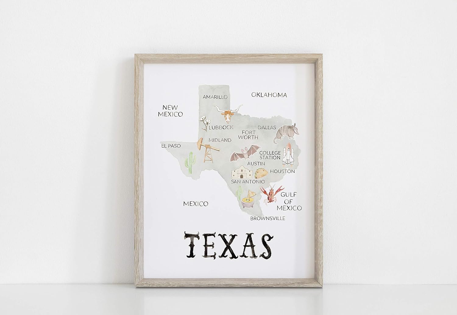 Texas Map Wall Art, Illustrated Texas Art Print, Texas Wall