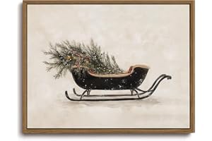 KISSFOX Vintage Christmas Sleigh Framed Wall Art Neutral Winter Canvas Art Rustic Cottage Paintings Art Prints Modern Farmhouse Pictures Wall Decor For Kitchen Bedroom Living Room