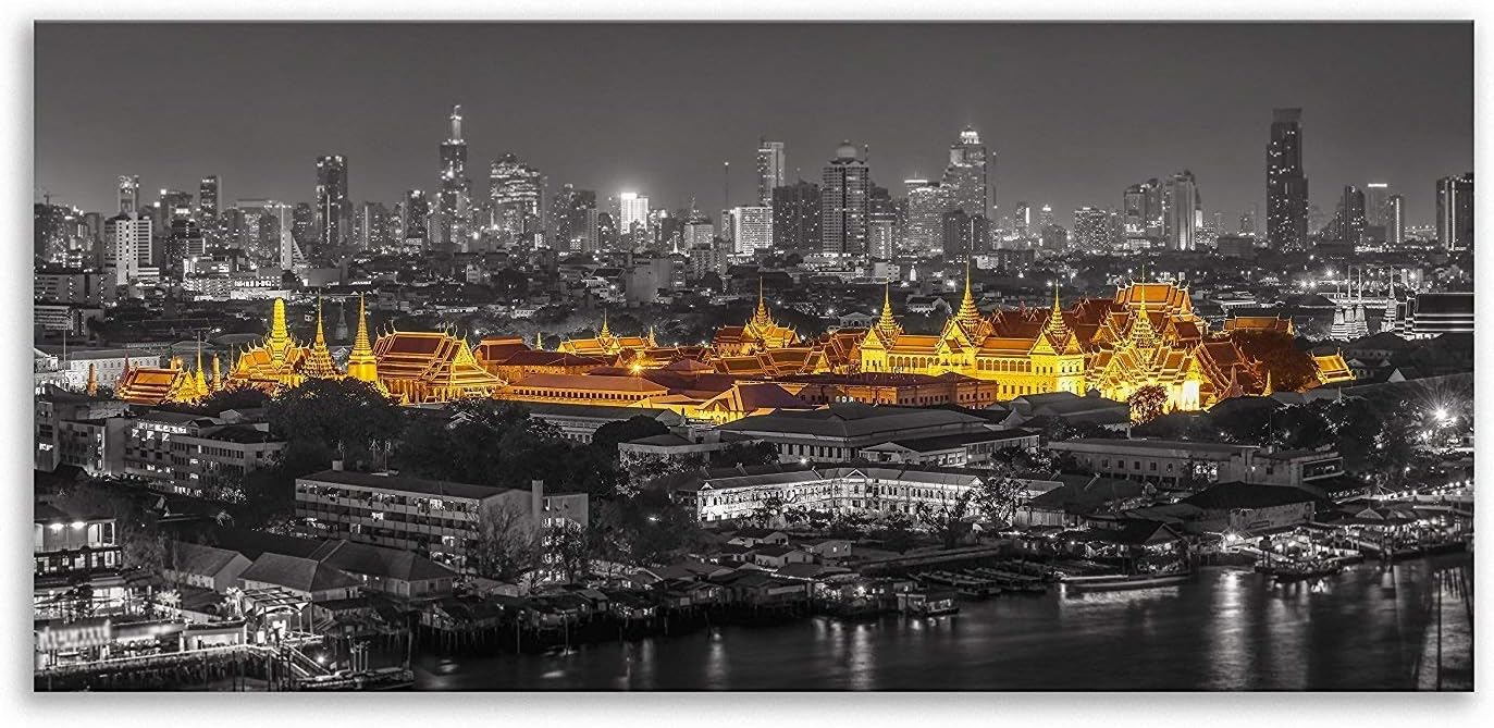 Thousand Face Wat Phra Kaew Canvas Temple Bangkok Panorama Wall Art Picture Decor Living Room Bathroom Art Bedroom Kitchen Picture Single Panel (40" x 18" (102 cm x 46 cm))