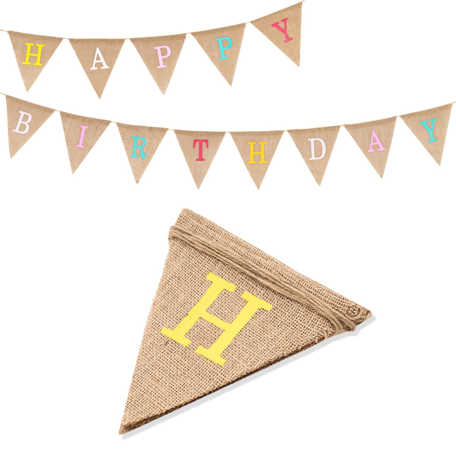 G2PLUS HAPPY BIRTHDAY Burlap Bunting, Pre-strung Hessian Birthday Banner, Reusable Triangle Burlap Bunting, Vintage Party Decorations for Birthday Party